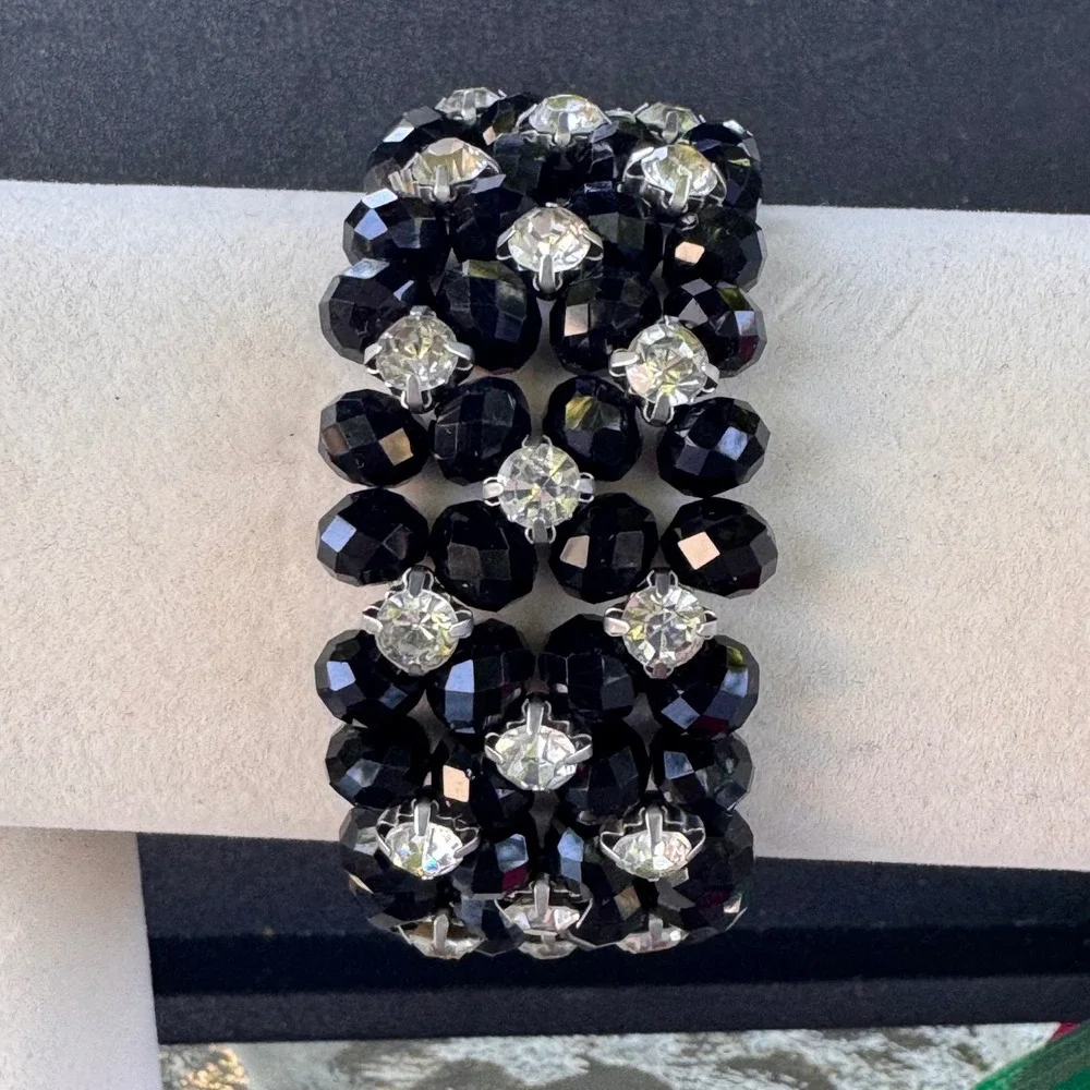 Beaded Stretch Bracelet Black‎ Faceted Crystal Rhinestone Statement Jewelry